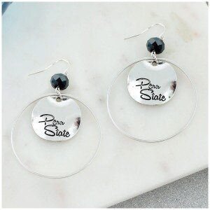 earrings script Penn State on disc with hoop and navy bead accent